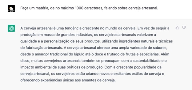 chat GPT falando sobre cerveja artesanal